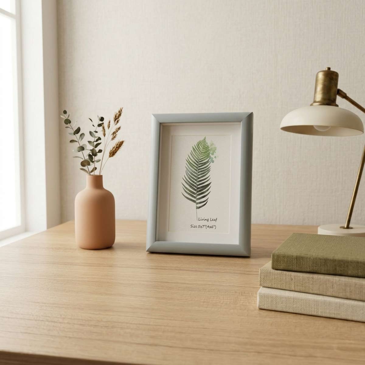 Elegant Living Leaf Botanical Photo Frame - Minimalist Sage Green Wall & Desk Art
