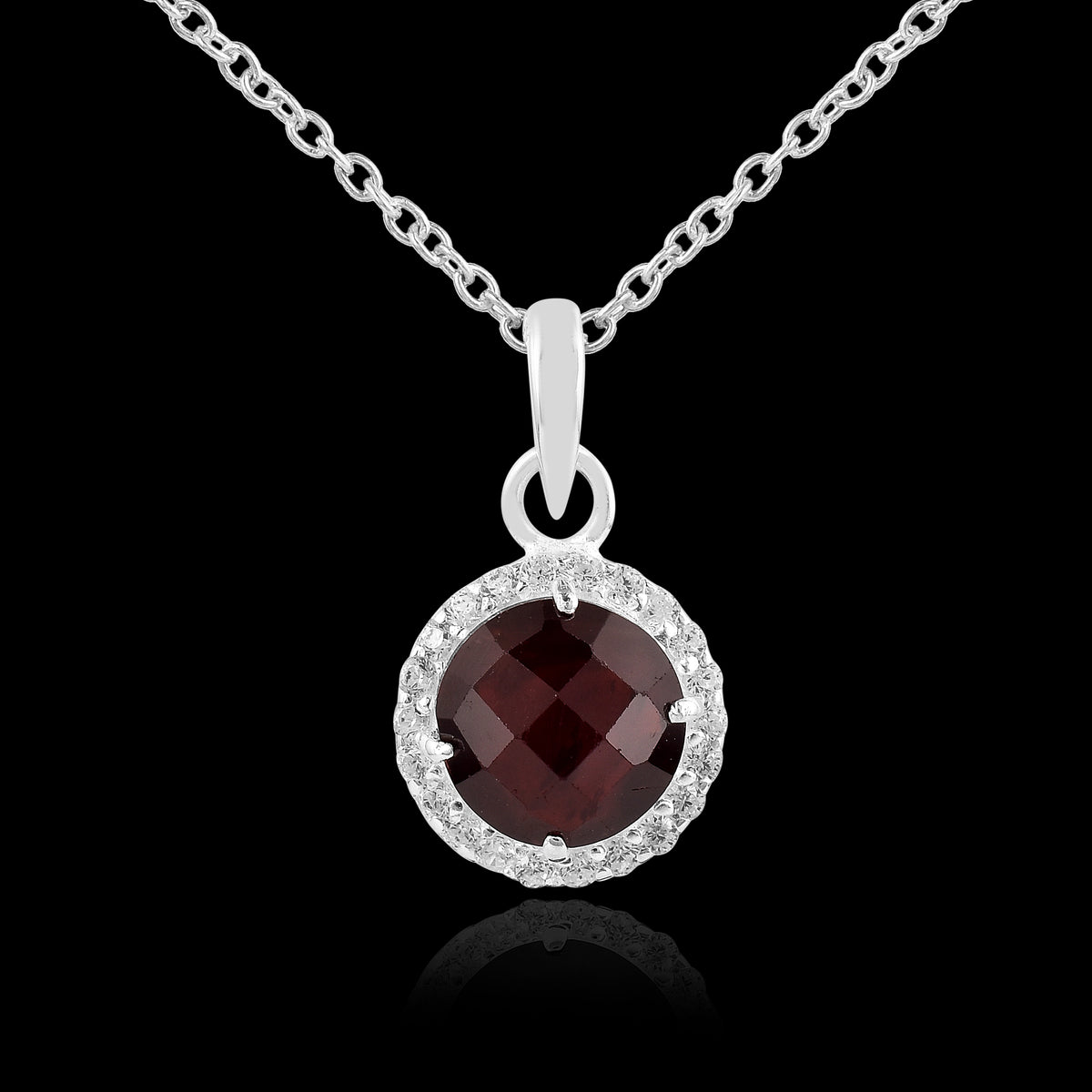 925 Sterling Silver Red Garnet Ball Pendant with Chain Gift for Her