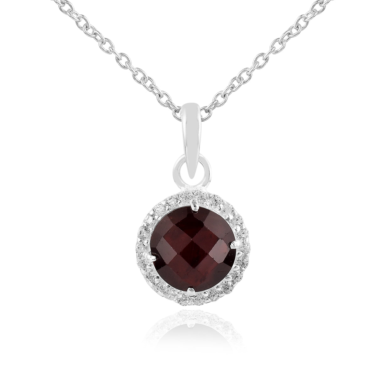 925 Sterling Silver Red Garnet Ball Pendant with Chain Gift for Her