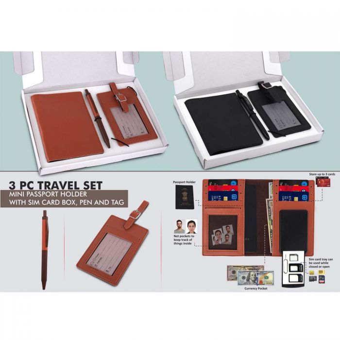 Travel set Mini Passport holder with Sim card box Luggage tag & Metal Pen in Gift box (Bulk/Corporate Orders Only)