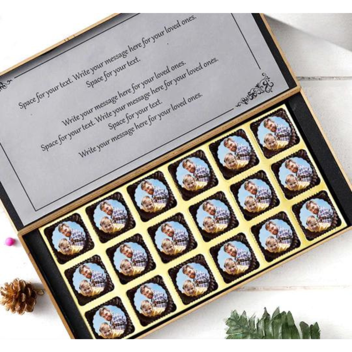 Bright yellow elegant design box of Personalised Photo Chocolate