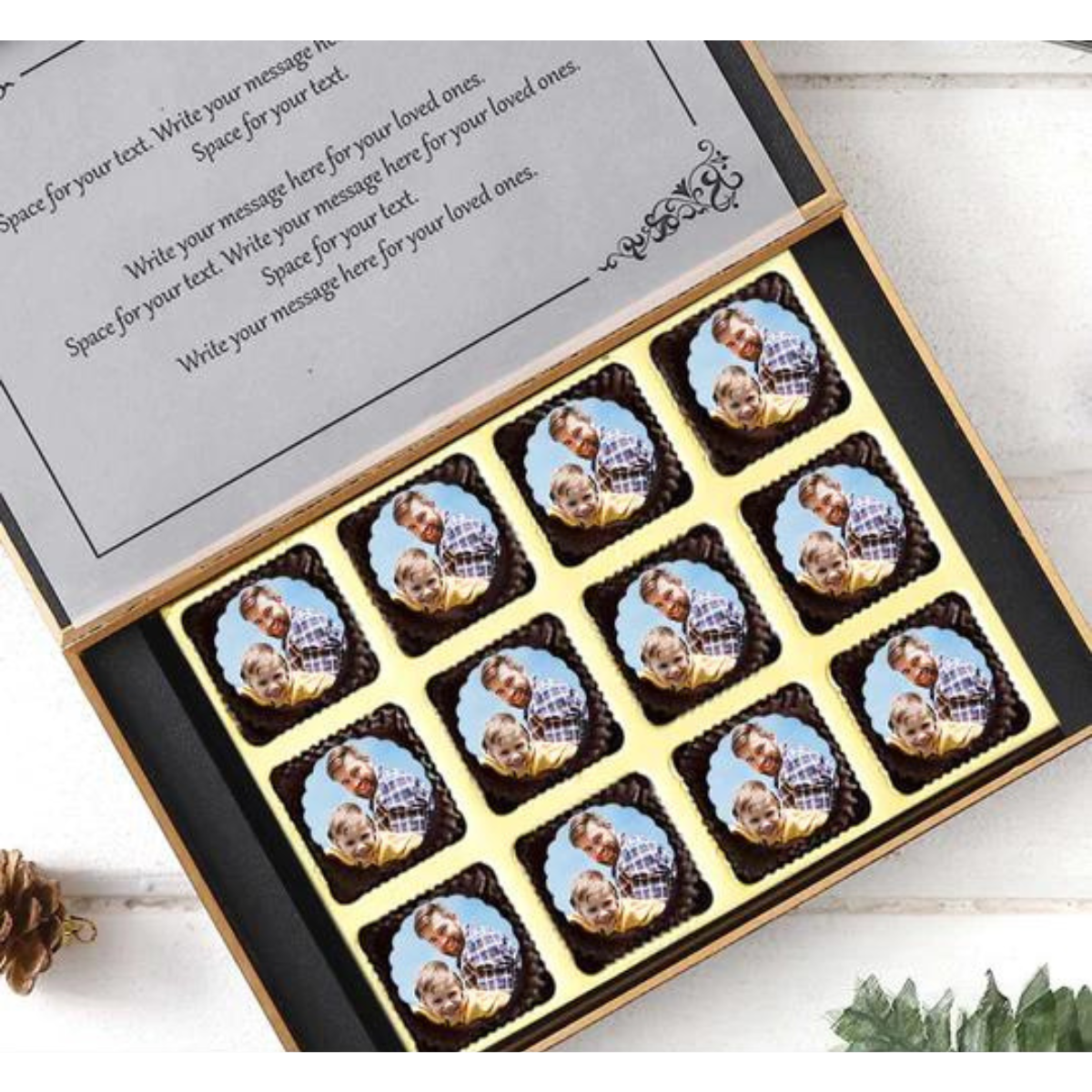 Bright yellow elegant design box of Personalised Photo Chocolate