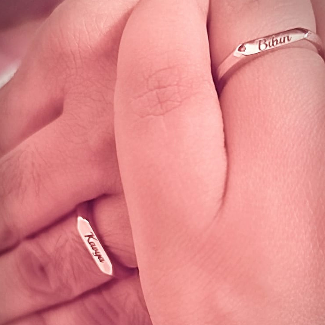 Charismatic Name Engraved Couple Rings in Sterling Silver