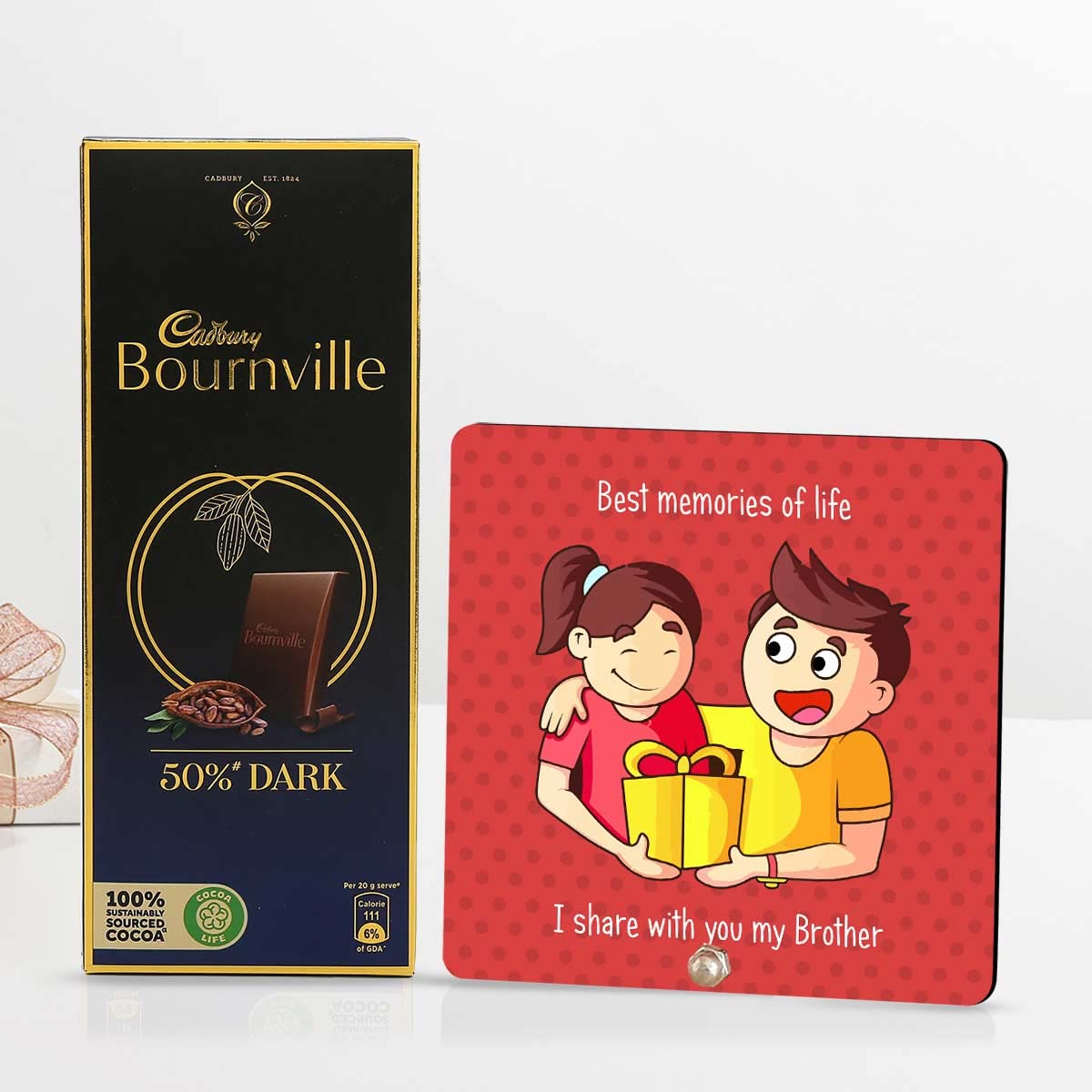 Best Memories Of Life Keepsake And Choco Rakhi Gift Hamper For Sibling
