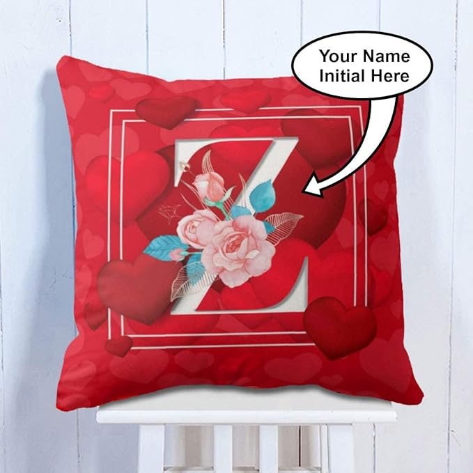 Love Theme Initial A to Z - Red Polyester and Velvet Cushion Cover