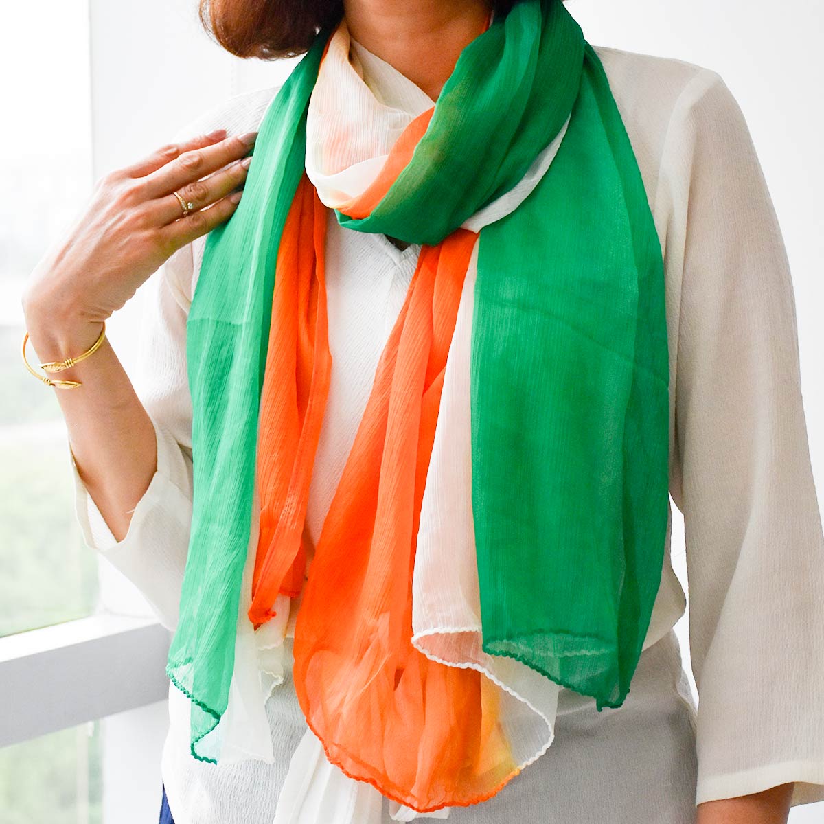 Patriotic Chiffon Stole – Tricolour Scarf for Independence & Republic Day          Ask ChatGPT