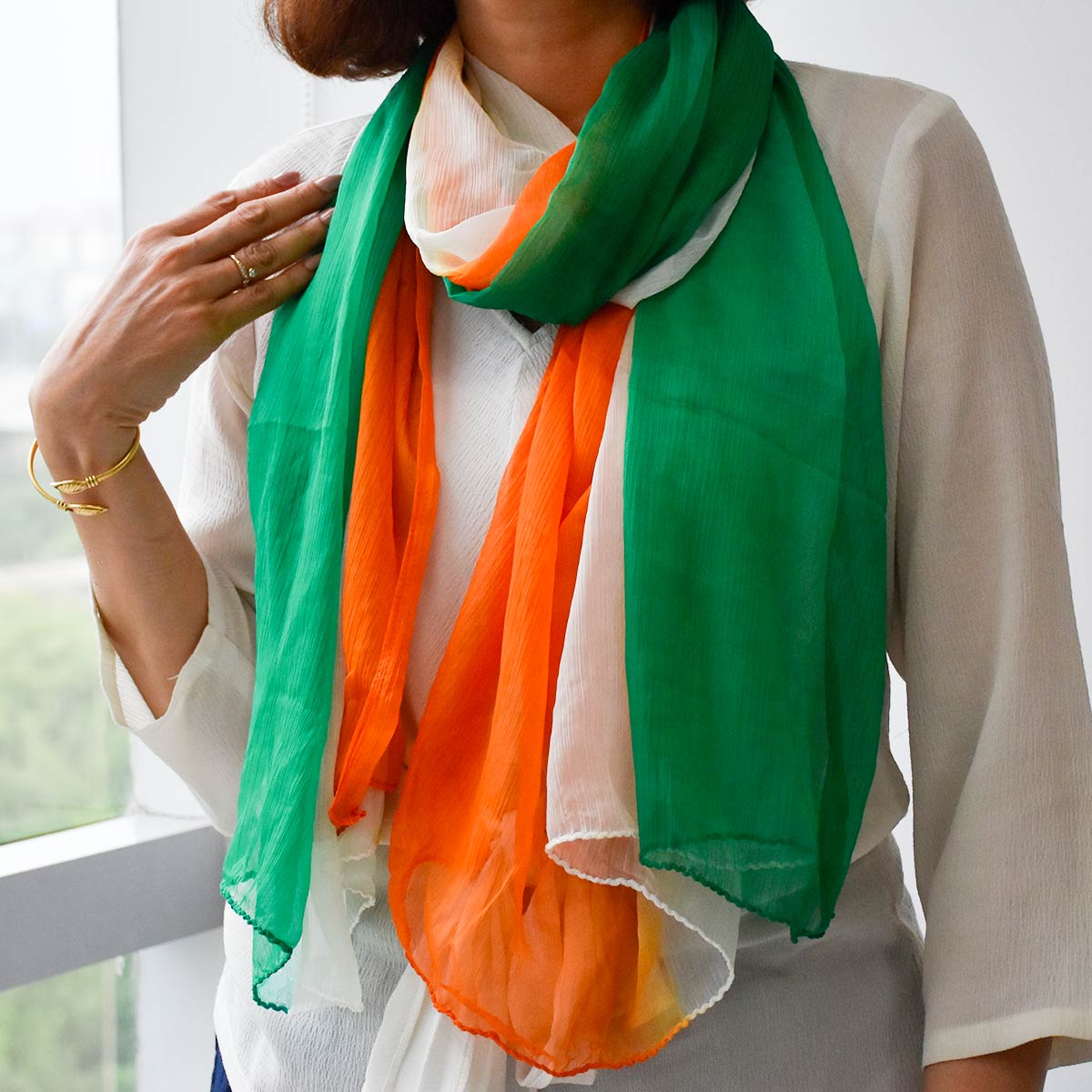 Patriotic Chiffon Stole – Tricolour Scarf for Independence & Republic Day          Ask ChatGPT