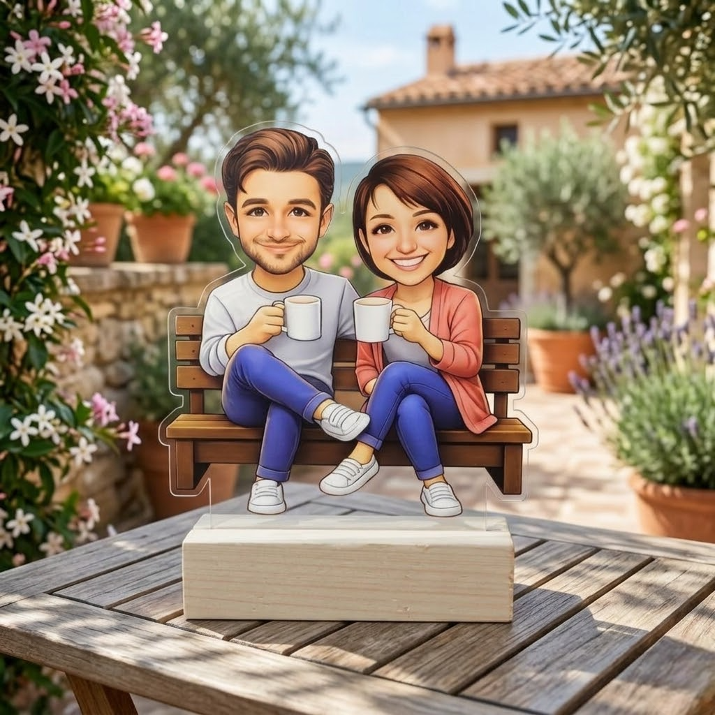 Personalized Couple Caricature Acrylic Standee with Wooden Base