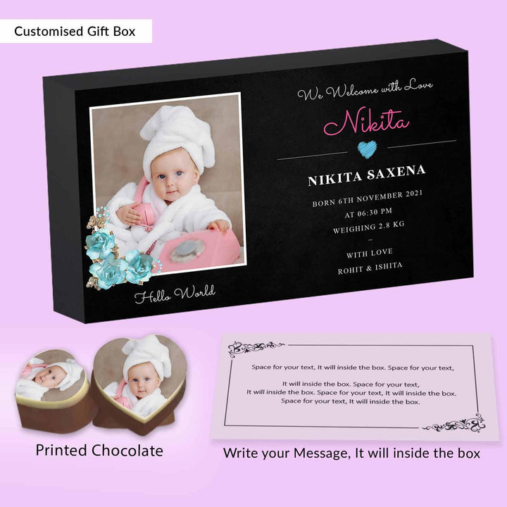 Black elegant box of baby announcement Personalised Photo Chocolate