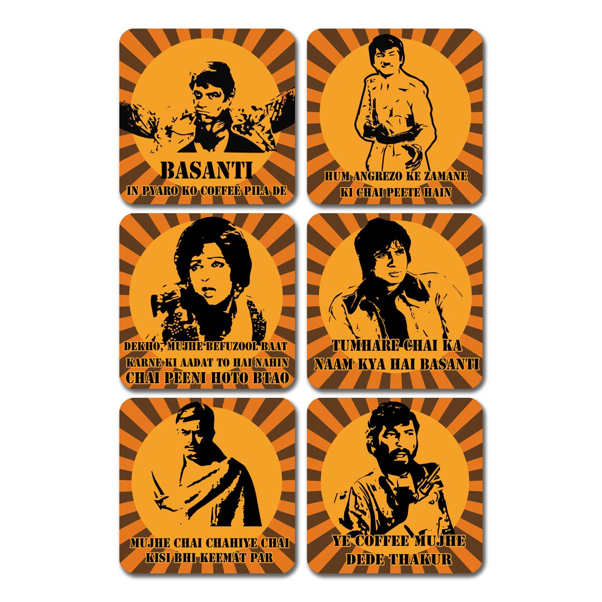 Classic Bollywood Blockbuster Actor With Famous Dialogue Printed Coasters Set of 6