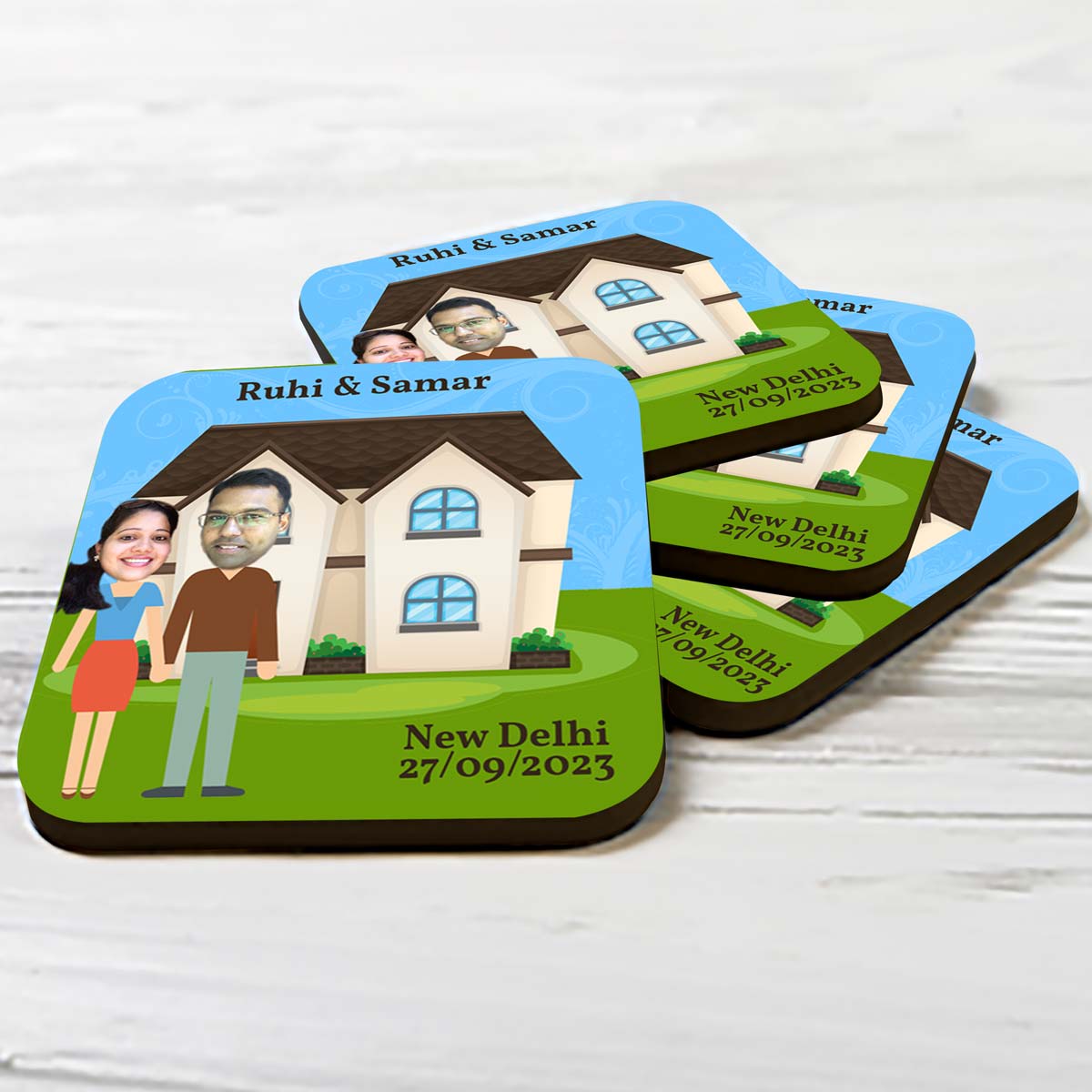 Set Of 4 - Personalised Cartoon Couple  Coasters