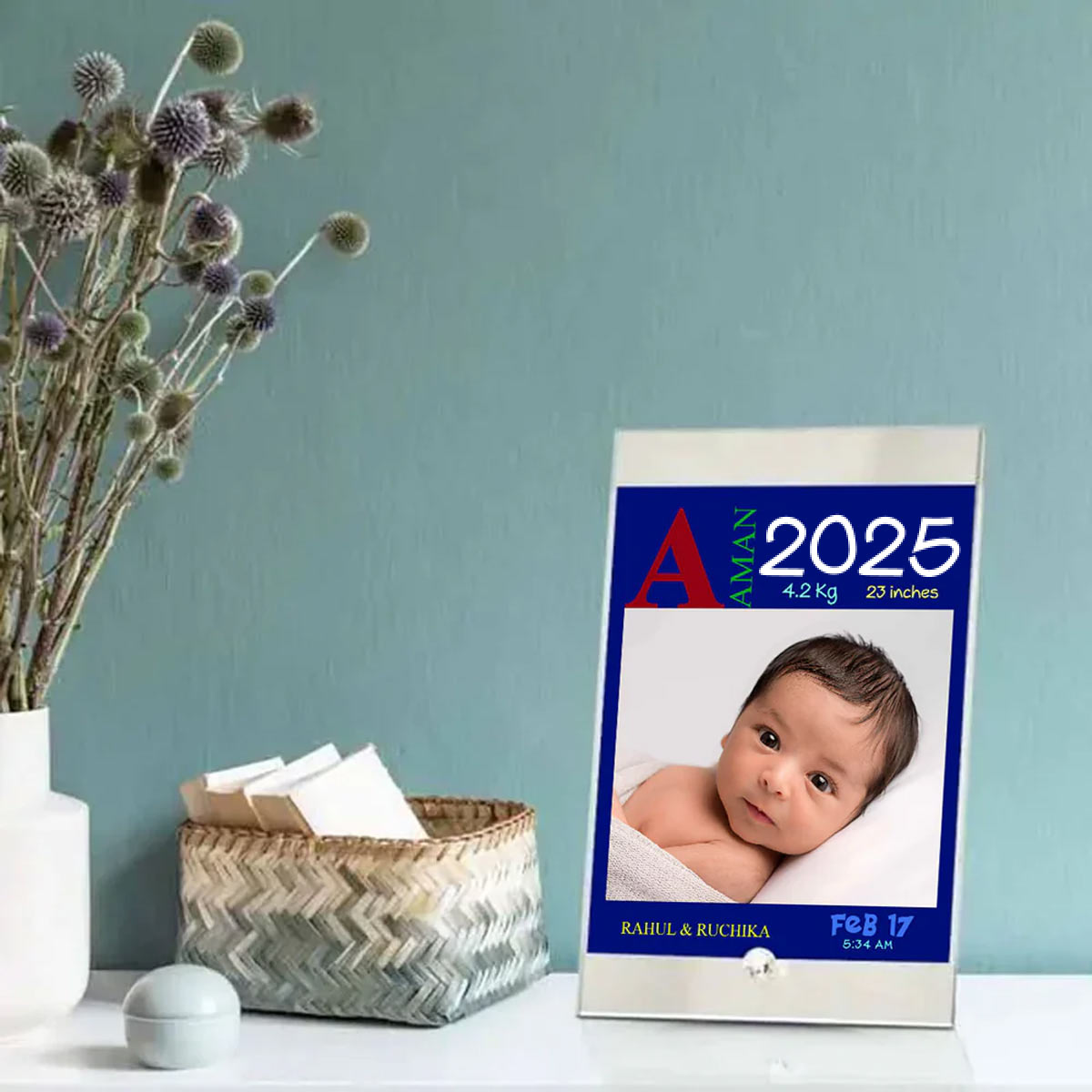 Personalised Baby Boy Birth Details Glass Frame