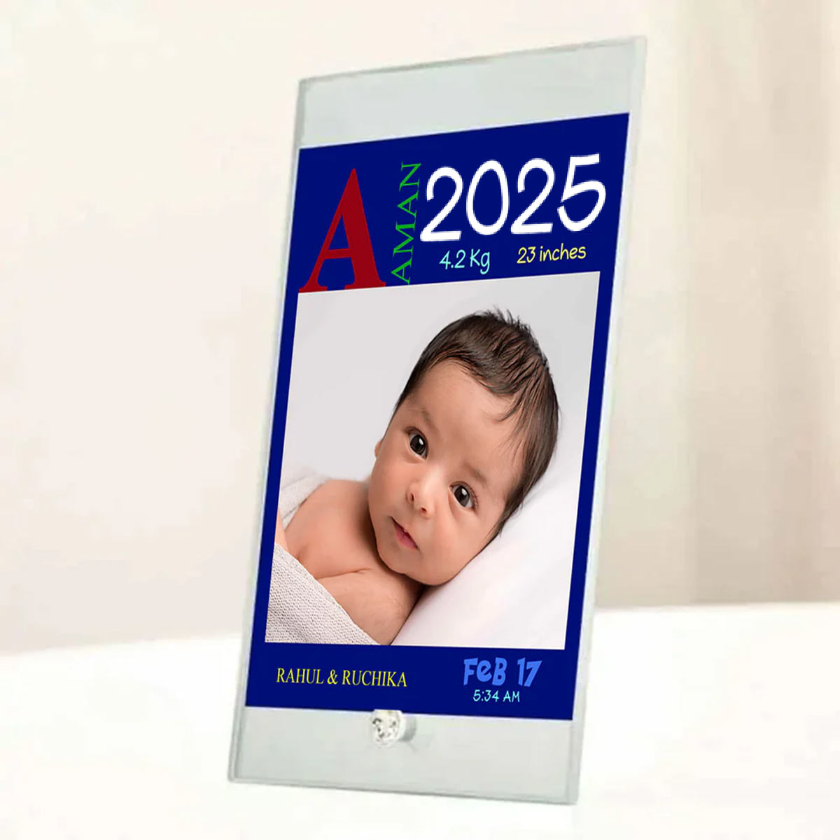 Personalised Baby Boy Birth Details Glass Frame