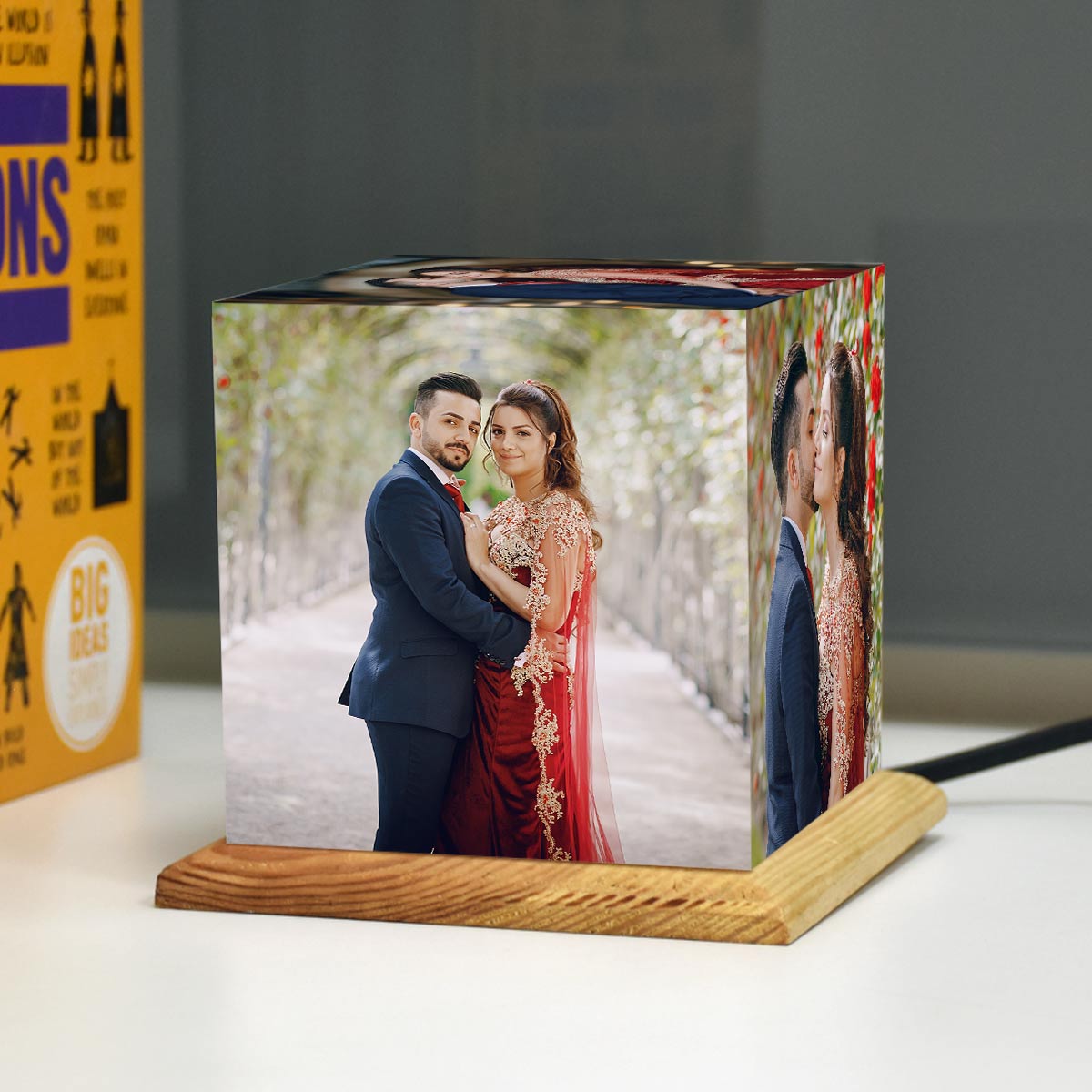 Personalised Cubelit Mini Photo Table Lamp With Wooden Base