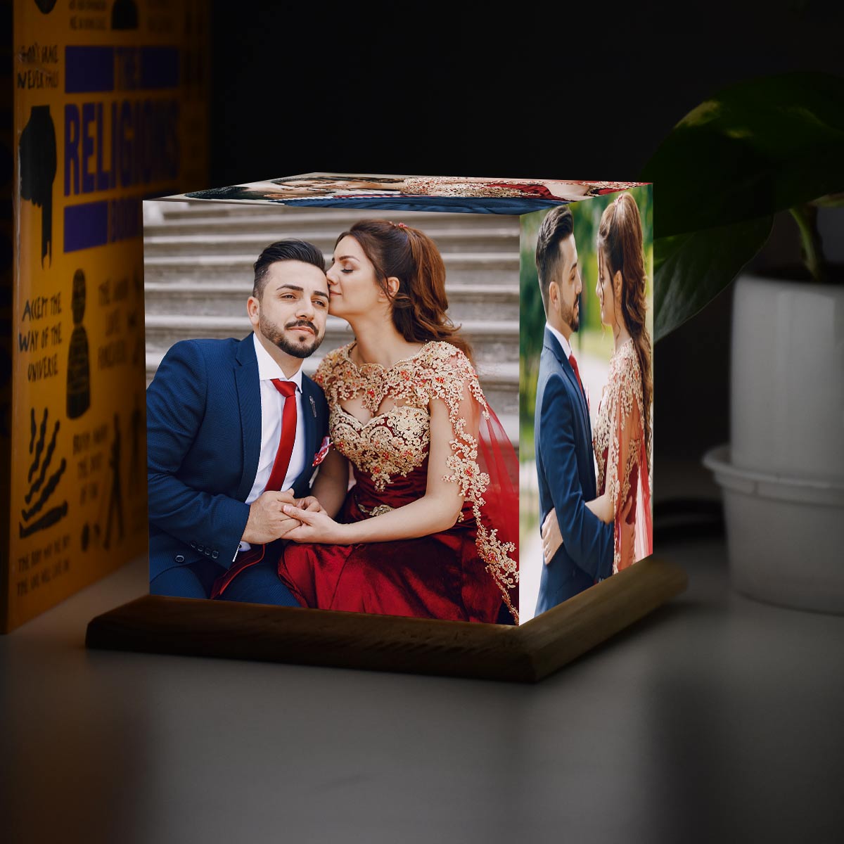 Personalised Cubelit Mini Photo Table Lamp With Wooden Base