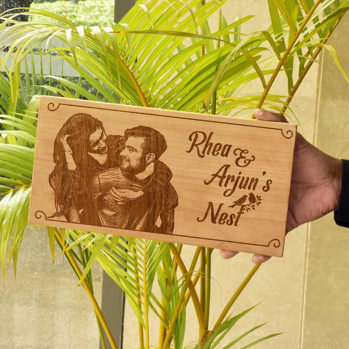 Wooden Engraved Couple Nest Name Plate for Home