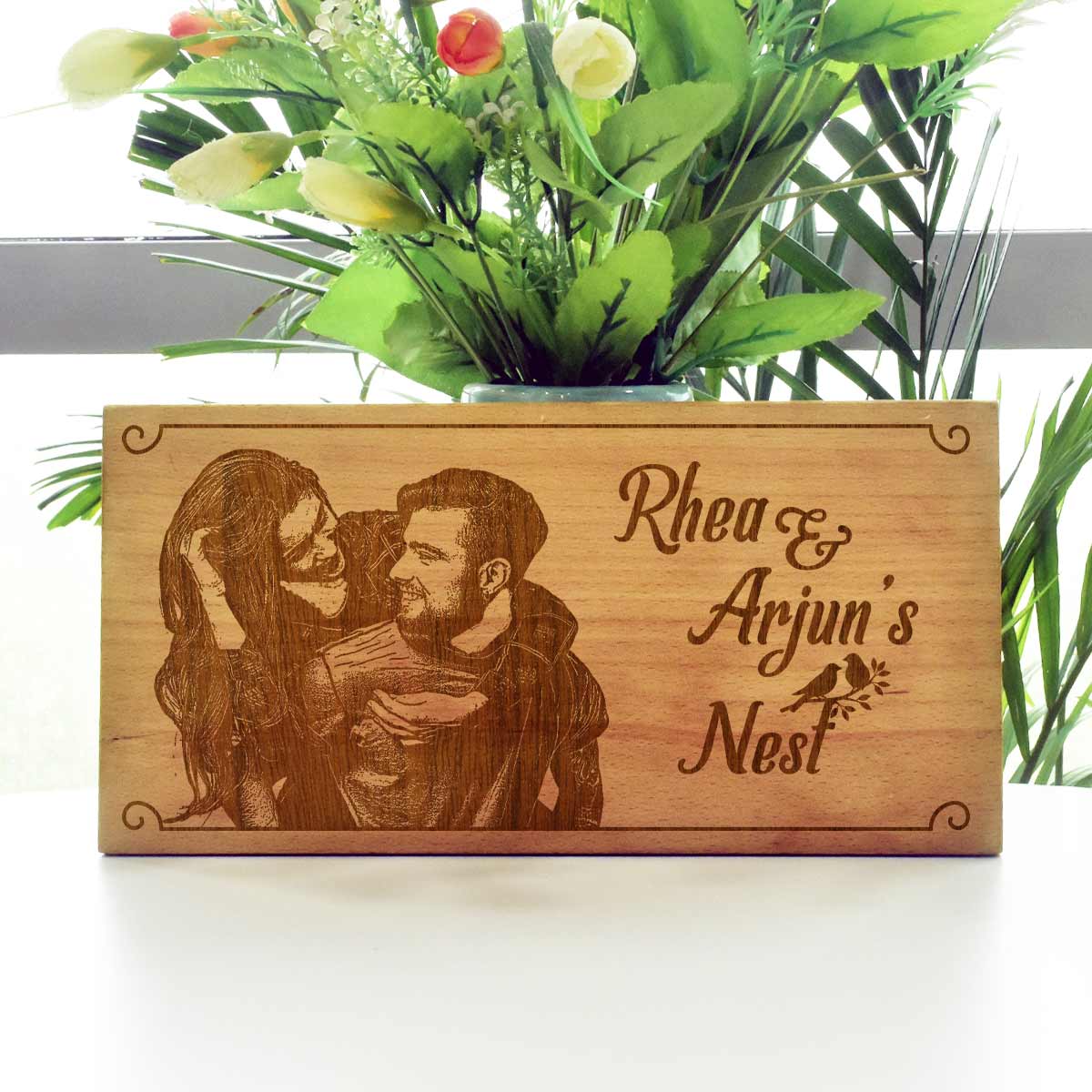 Wooden Engraved Couple Nest Name Plate for Home