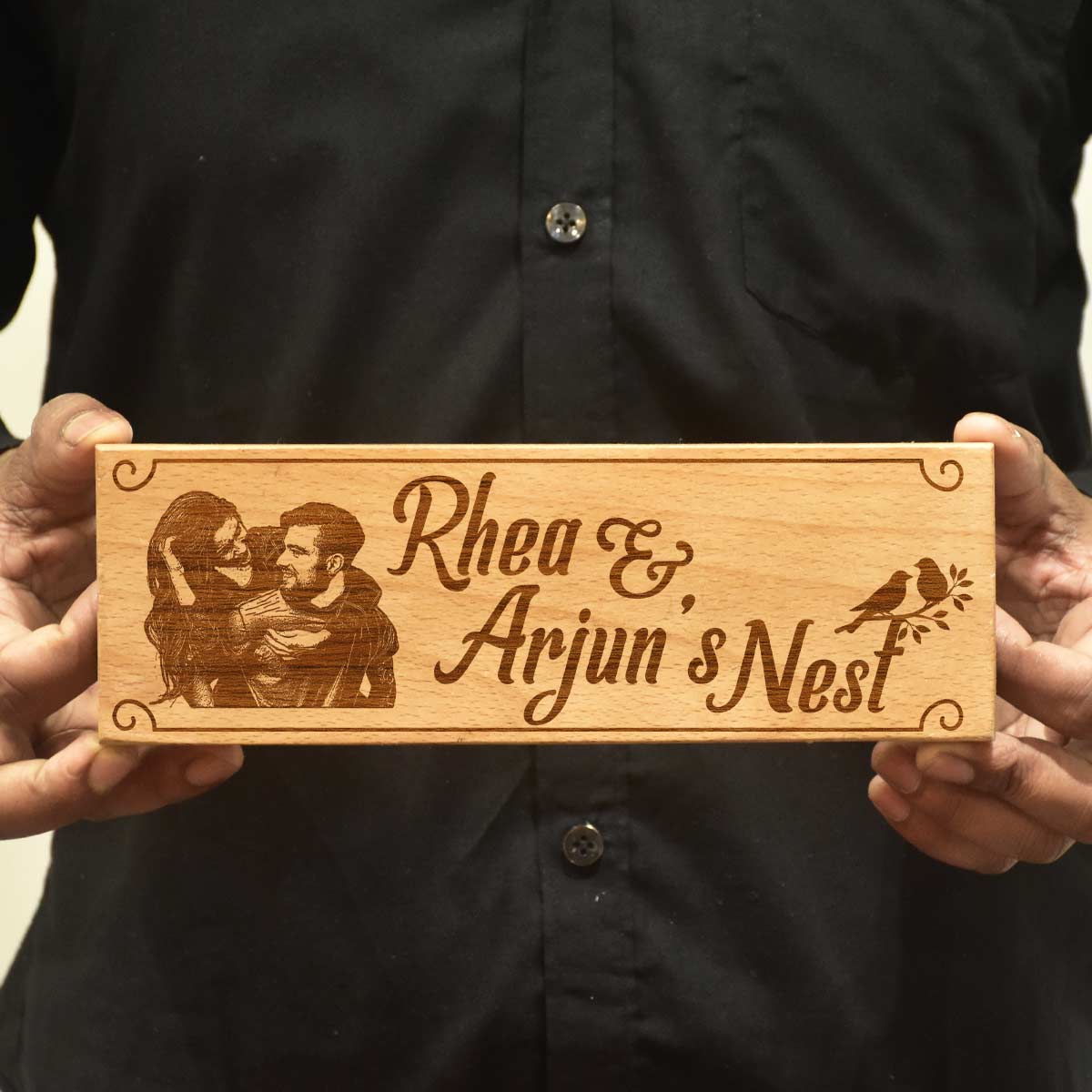 Wooden Engraved Couple Nest Name Plate for Home