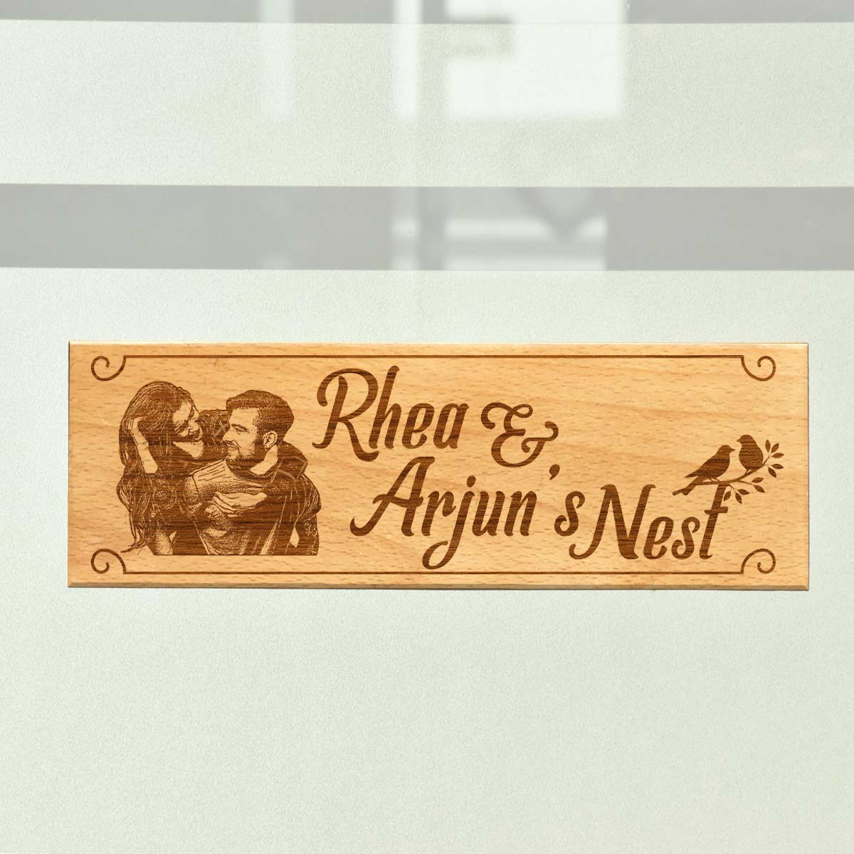 Wooden Engraved Couple Nest Name Plate for Home