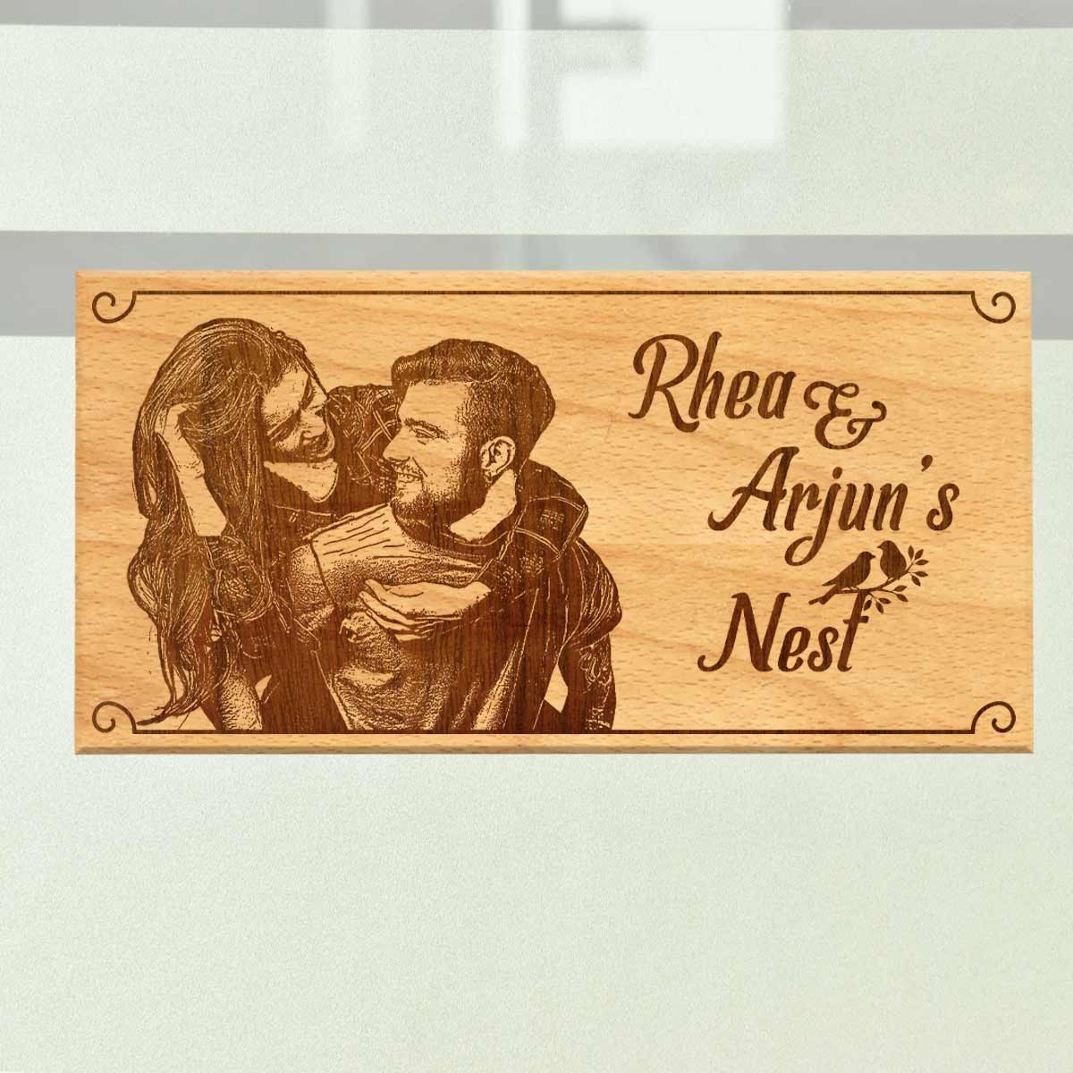 Wooden Engraved Couple Nest Name Plate for Home