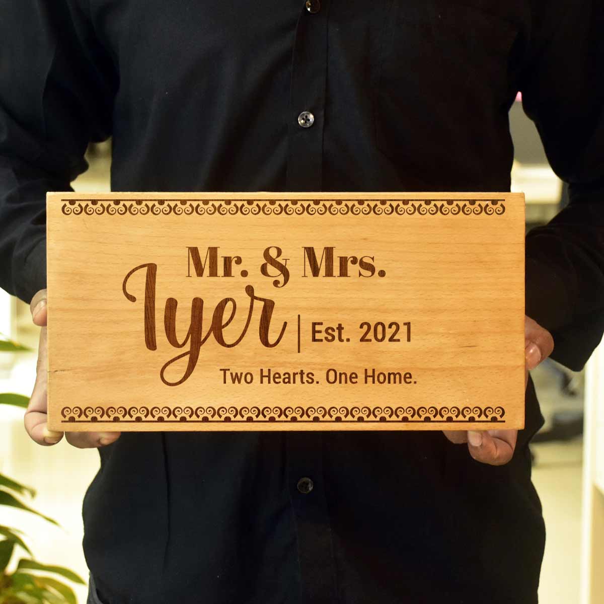 Wooden Engraved Mr. & Mrs. Name Plate for Home
