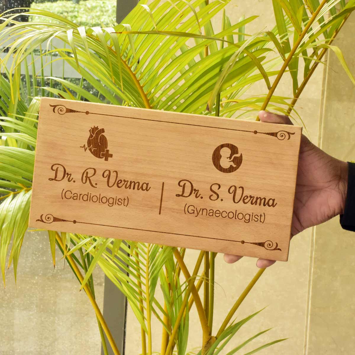 Wooden Engraved Cardiologist & Gynaecologist Name Plate for Home