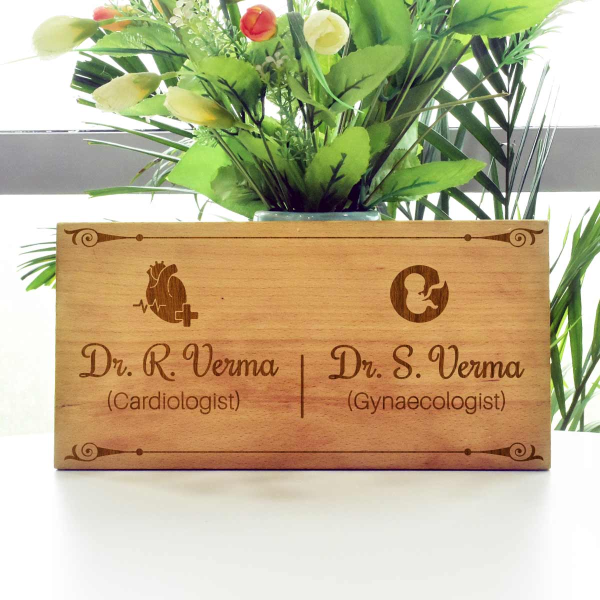 Wooden Engraved Cardiologist & Gynaecologist Name Plate for Home