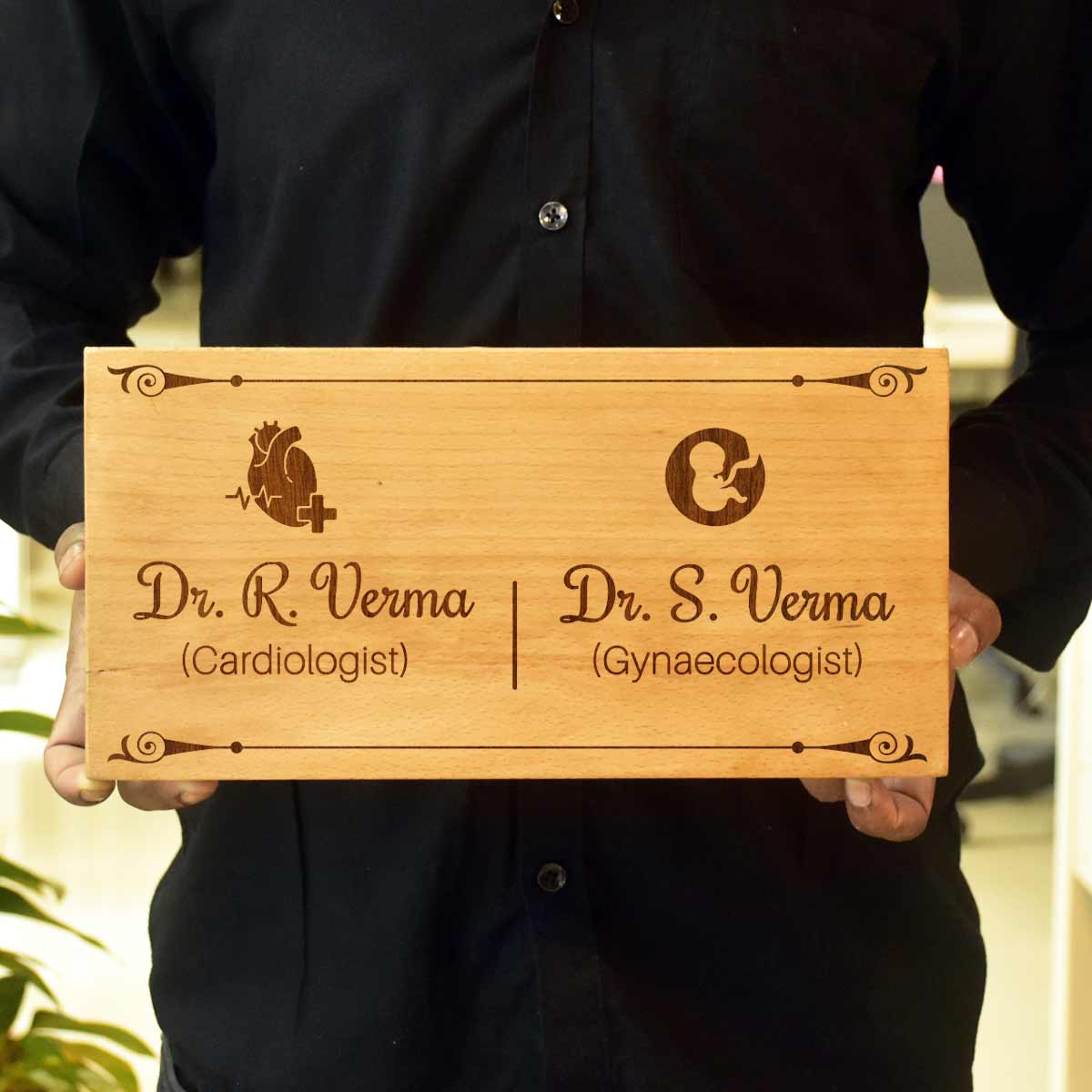 Wooden Engraved Cardiologist & Gynaecologist Name Plate for Home
