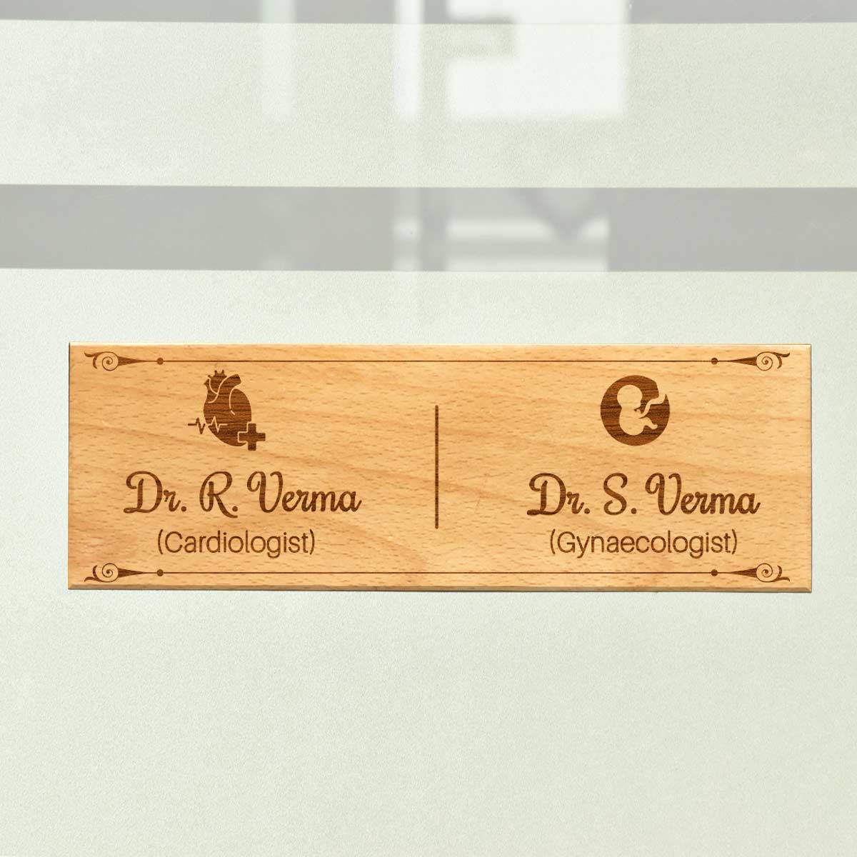Wooden Engraved Cardiologist & Gynaecologist Name Plate for Home