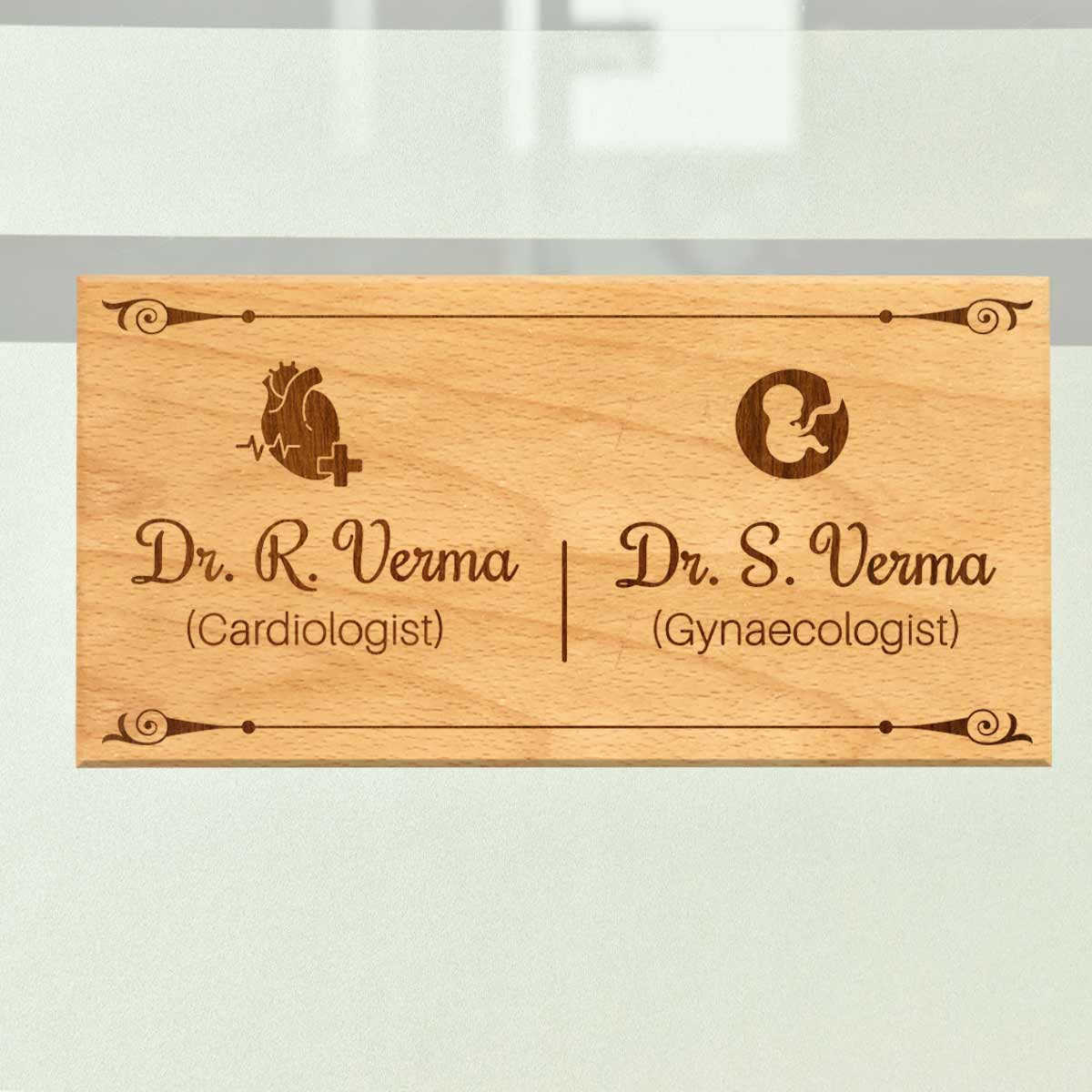 Wooden Engraved Cardiologist & Gynaecologist Name Plate for Home