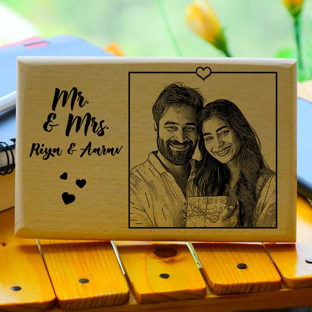 Personalised "Mr & Mrs" Wooden Engraved Photo Frame Keepsake