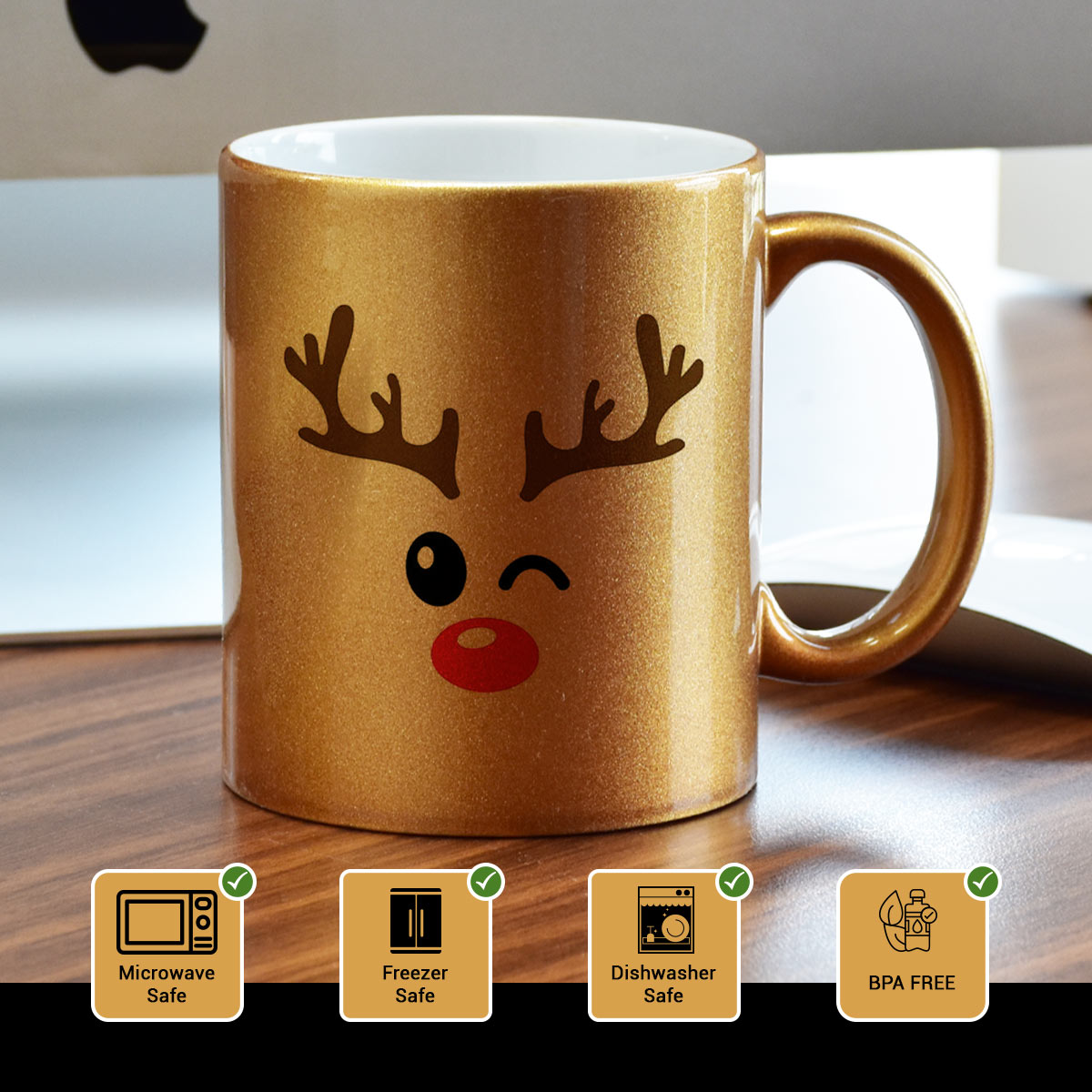 Christmas Reindeer Ceramic Golden Mug