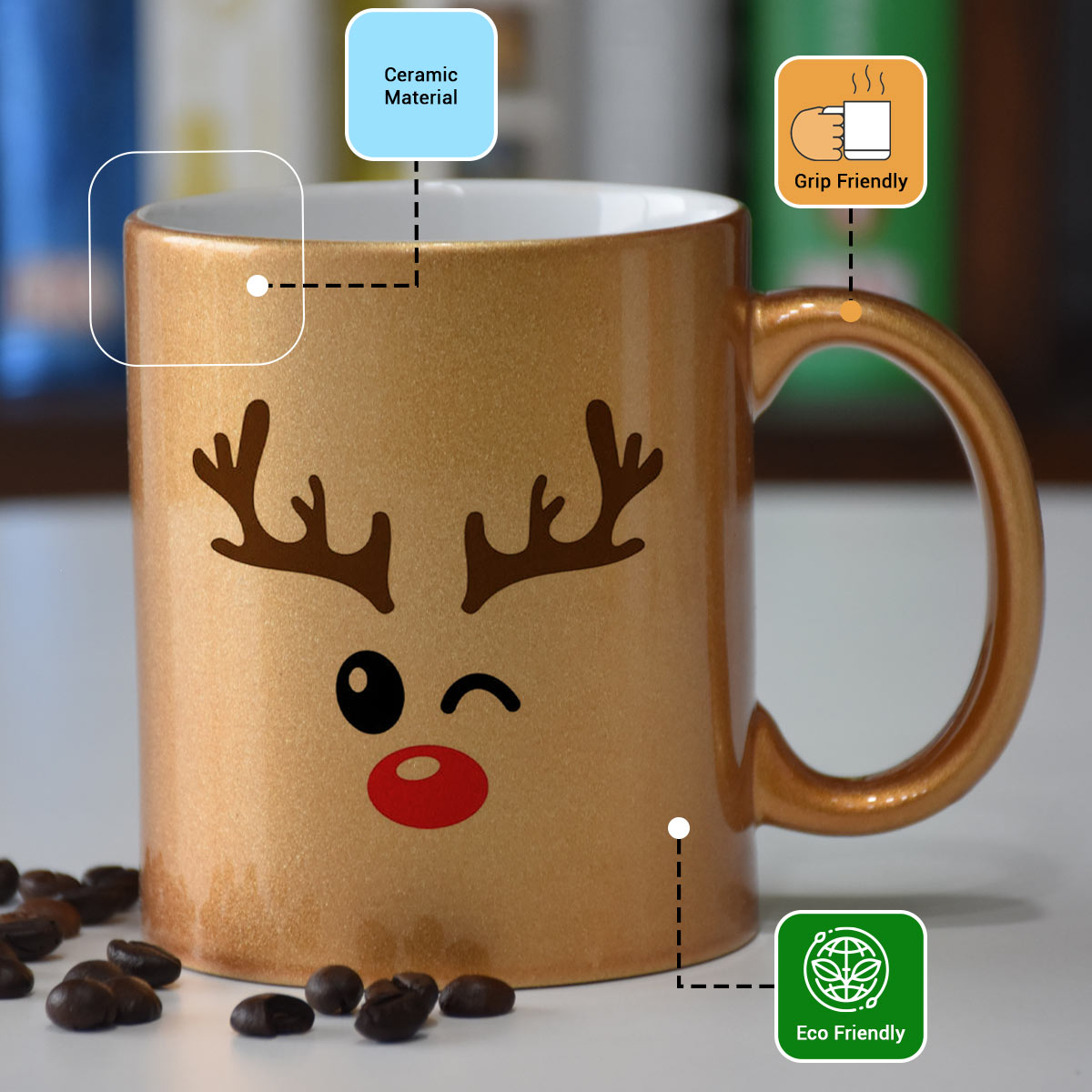 Christmas Reindeer Ceramic Golden Mug