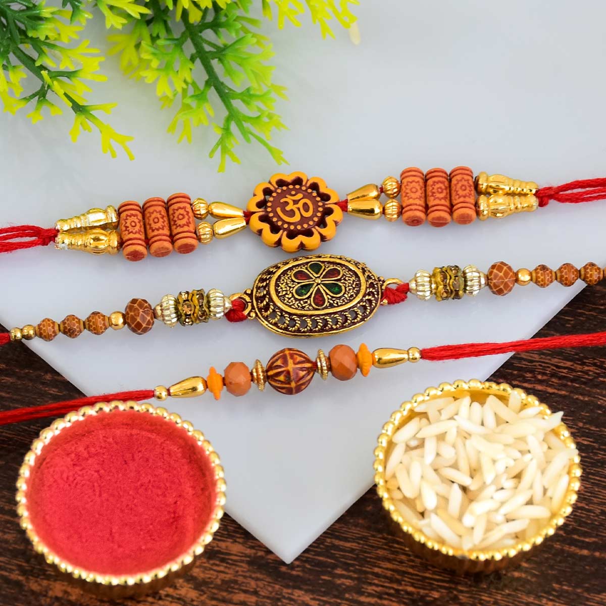 Enchanting Set of 3 Traditional Rakhis: Embrace the Essence of Rakshabandhan-1