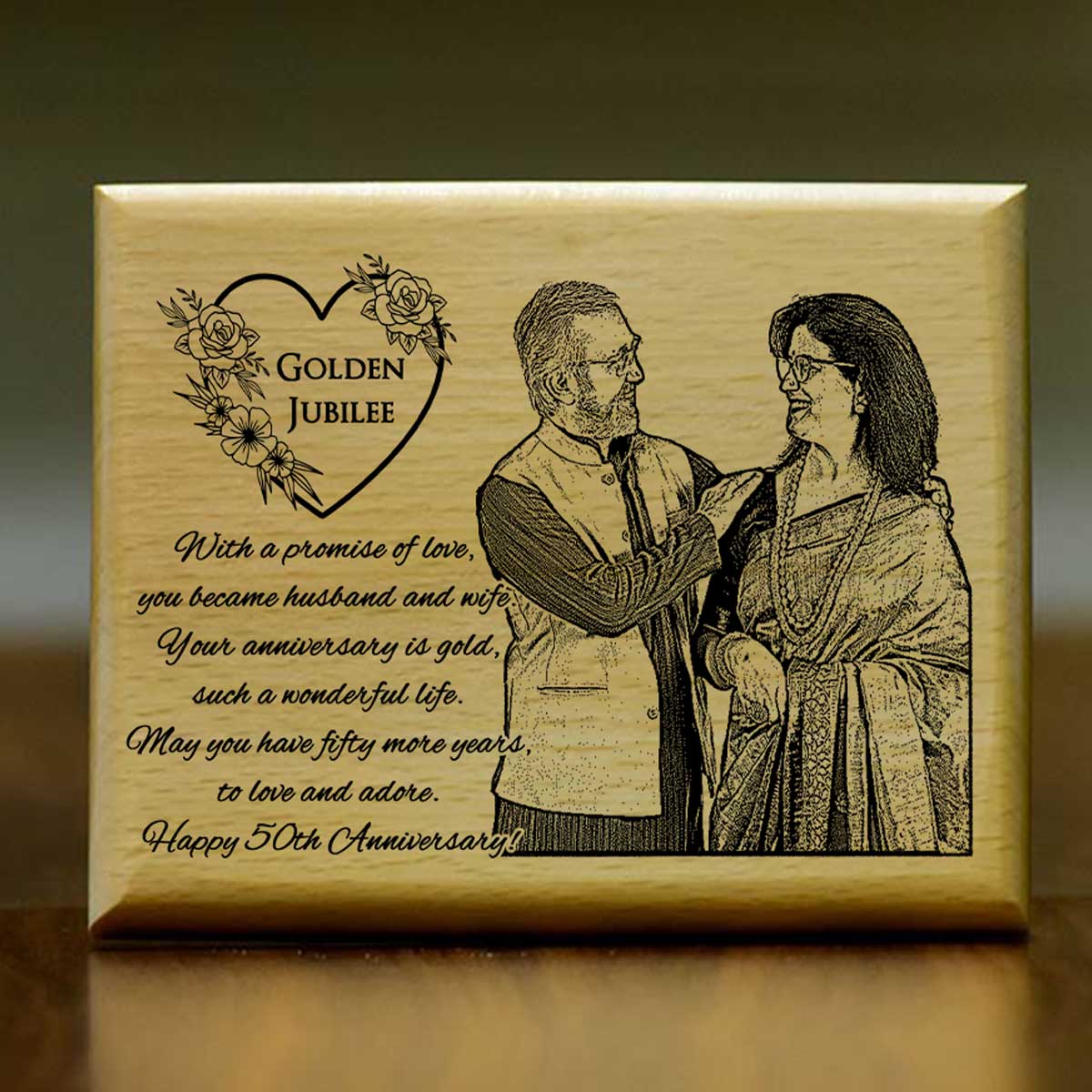 Personalized Golden Jubilee Engraved Wooden Photo Frame Gift For Anniversary