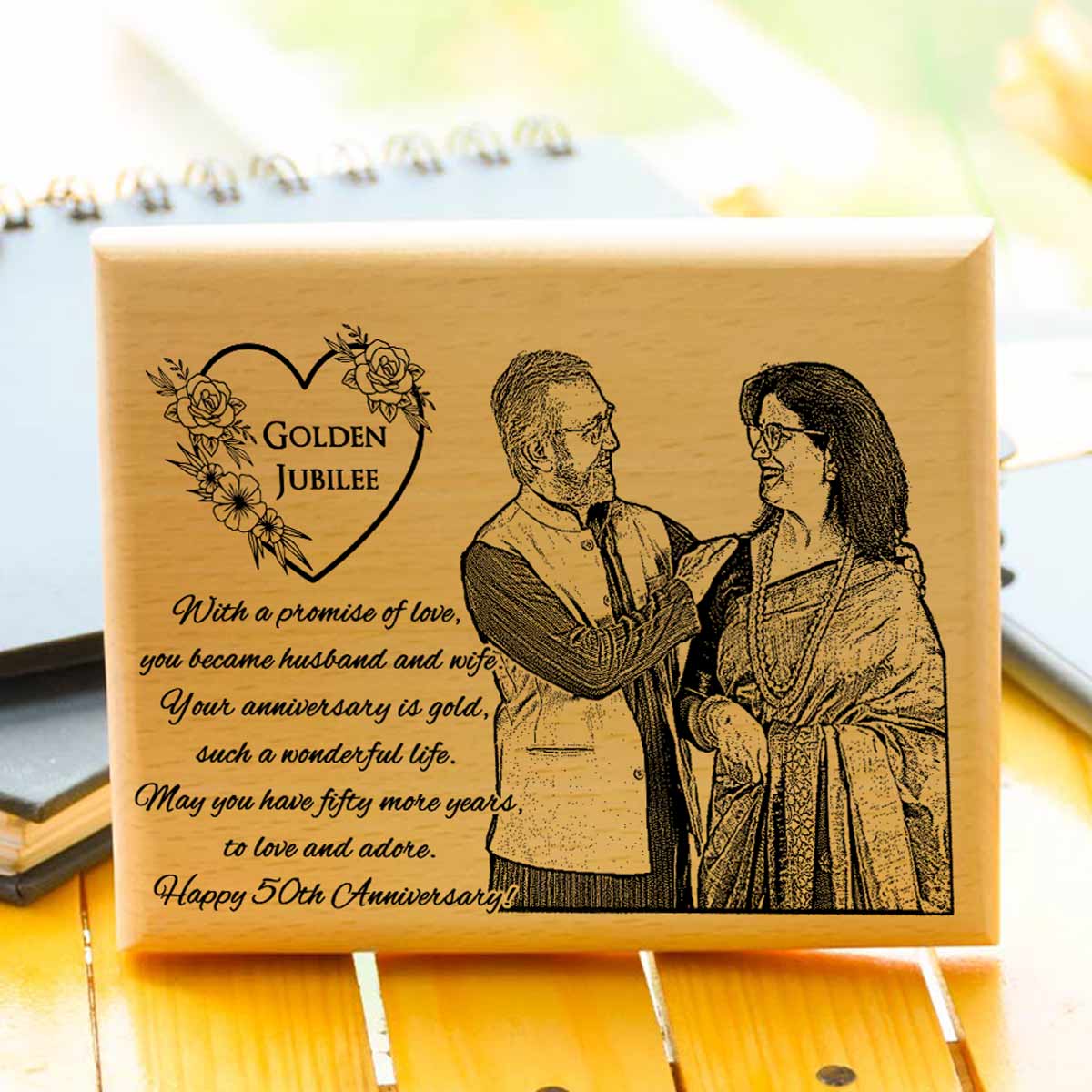 Personalized Golden Jubilee Engraved Wooden Photo Frame Gift For Anniversary