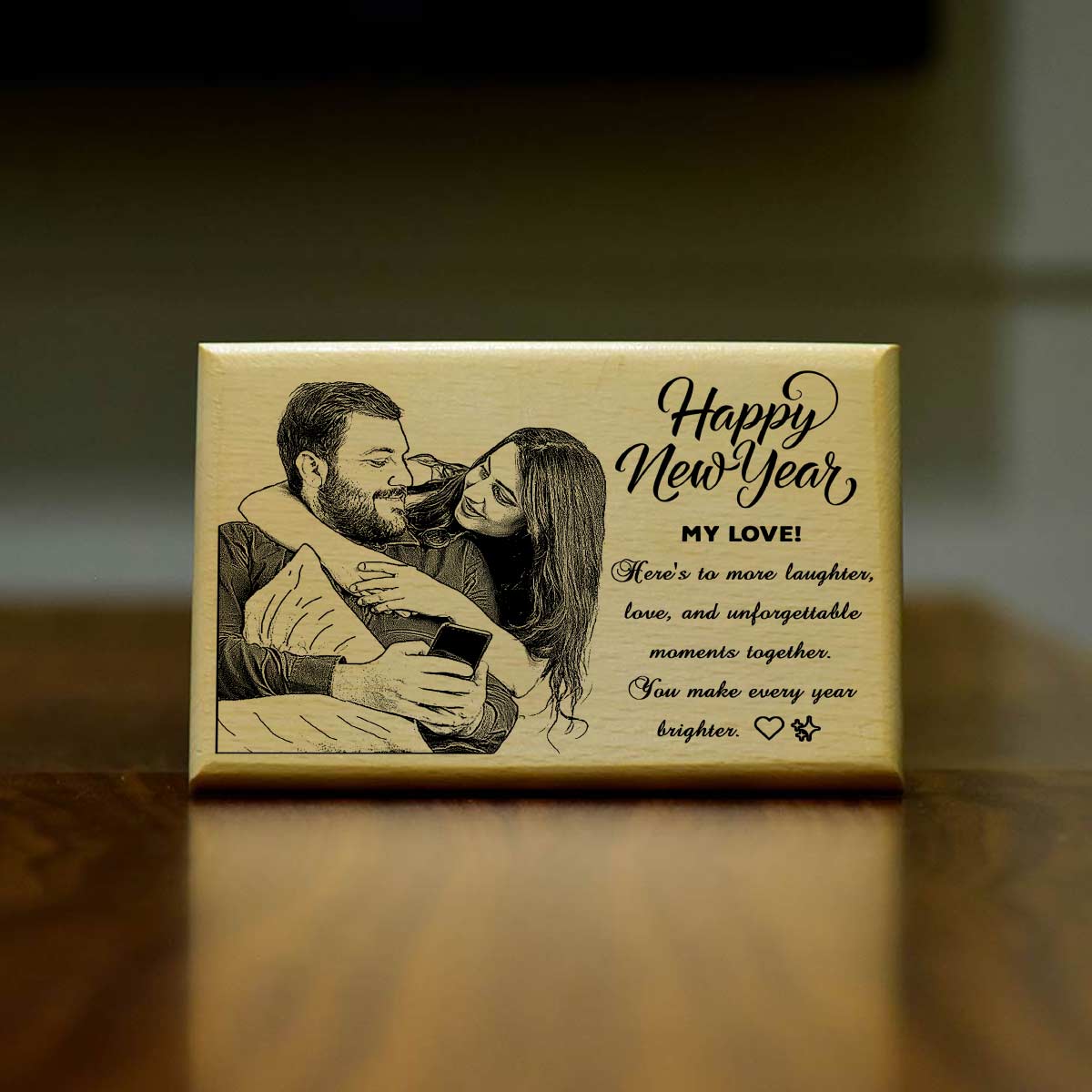 Personalized New Year Wooden Engraved Photo Frame for Couple