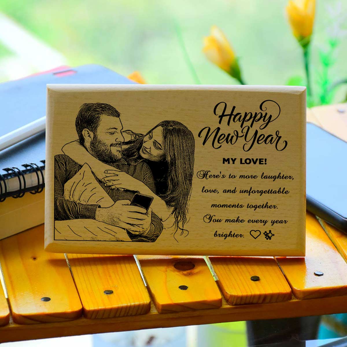 Personalized New Year Wooden Engraved Photo Frame for Couple