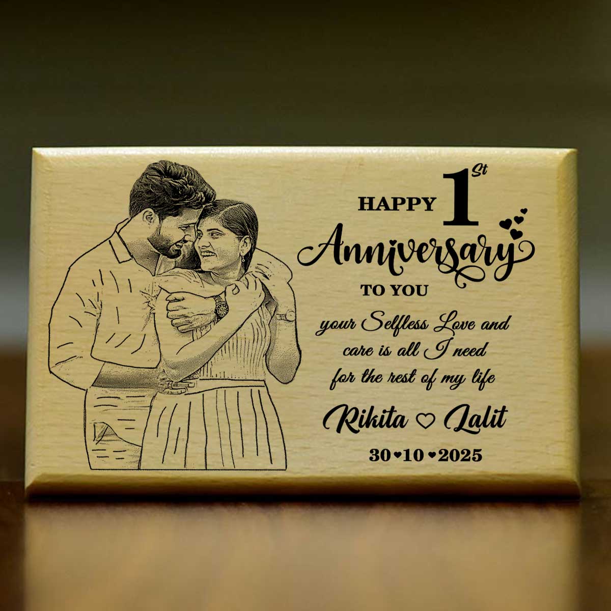 Personalized Happy 1st Anniversary Engraved Wooden Photo Frame for Married Couple