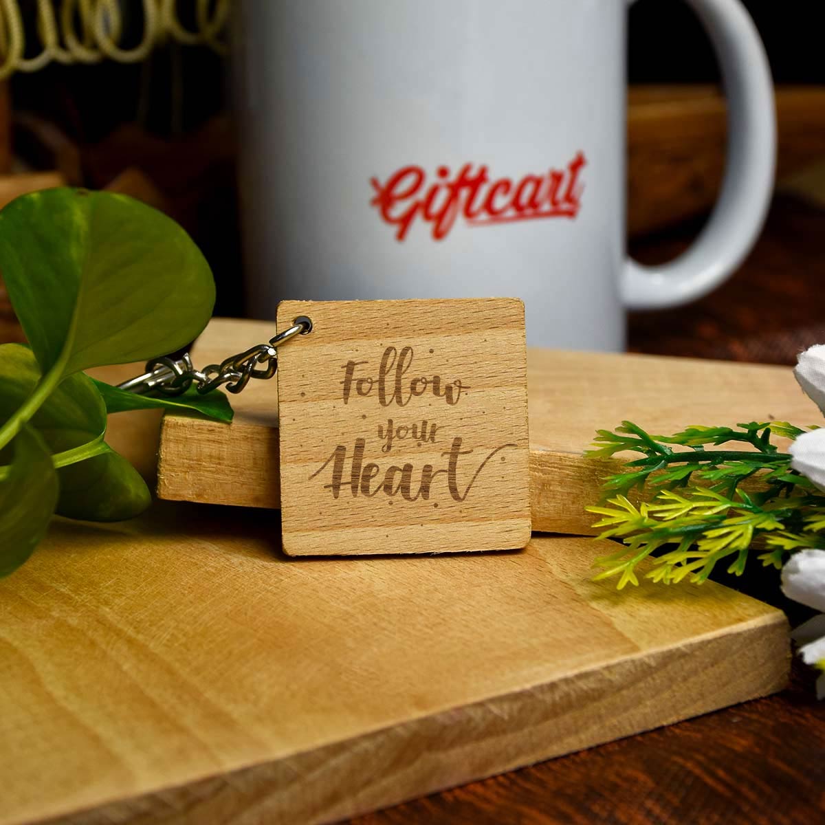 Follow Your Heart Engraved Wooden Keychain for Couple