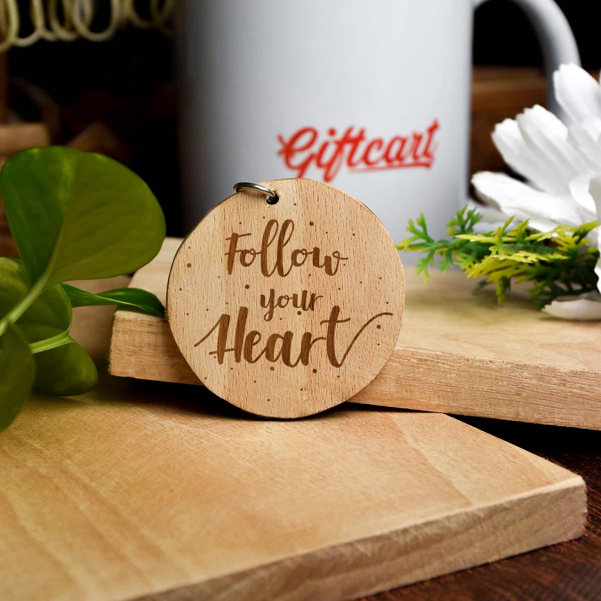 Follow Your Heart Engraved Wooden Keychain for Couple