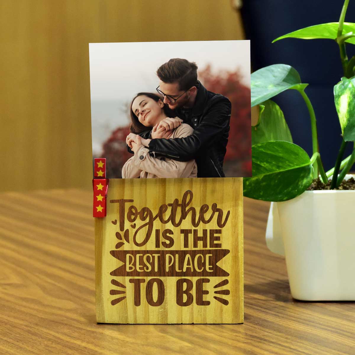Personalized Together Is The Best Place Engraved Wooden Block With Photo For Couple