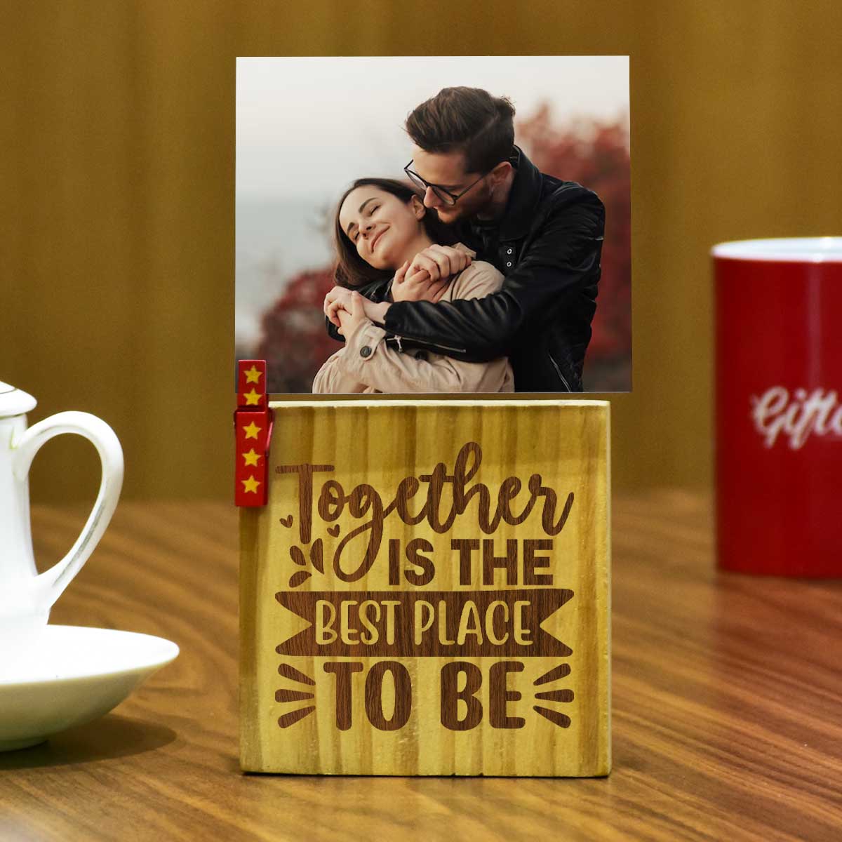 Personalized Together Is The Best Place Engraved Wooden Block With Photo For Couple