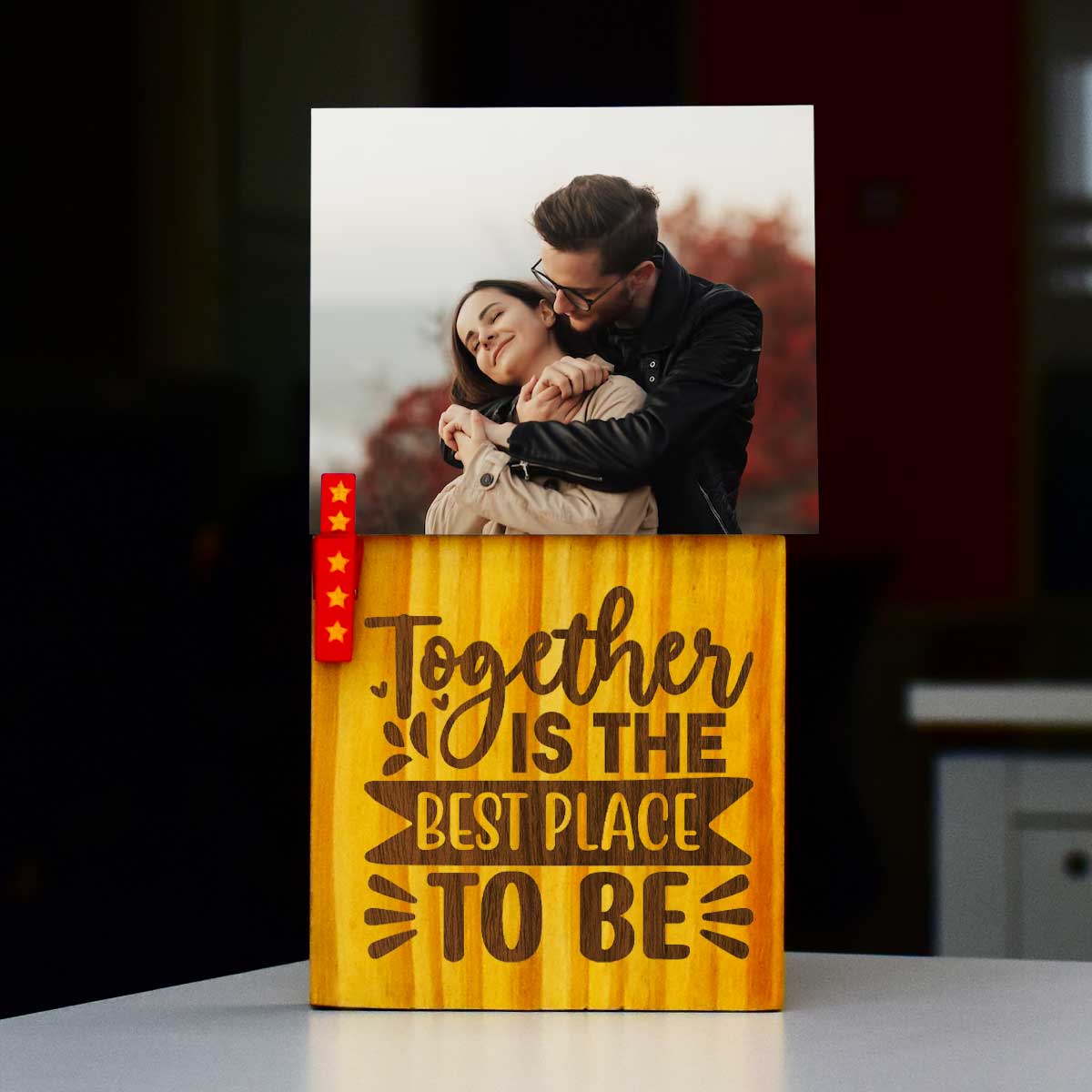 Personalized Together Is The Best Place Engraved Wooden Block With Photo For Couple