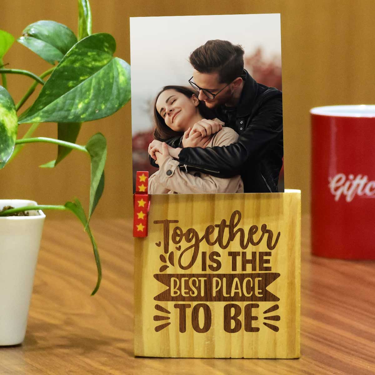 Personalized Together Is The Best Place Engraved Wooden Block With Photo For Couple