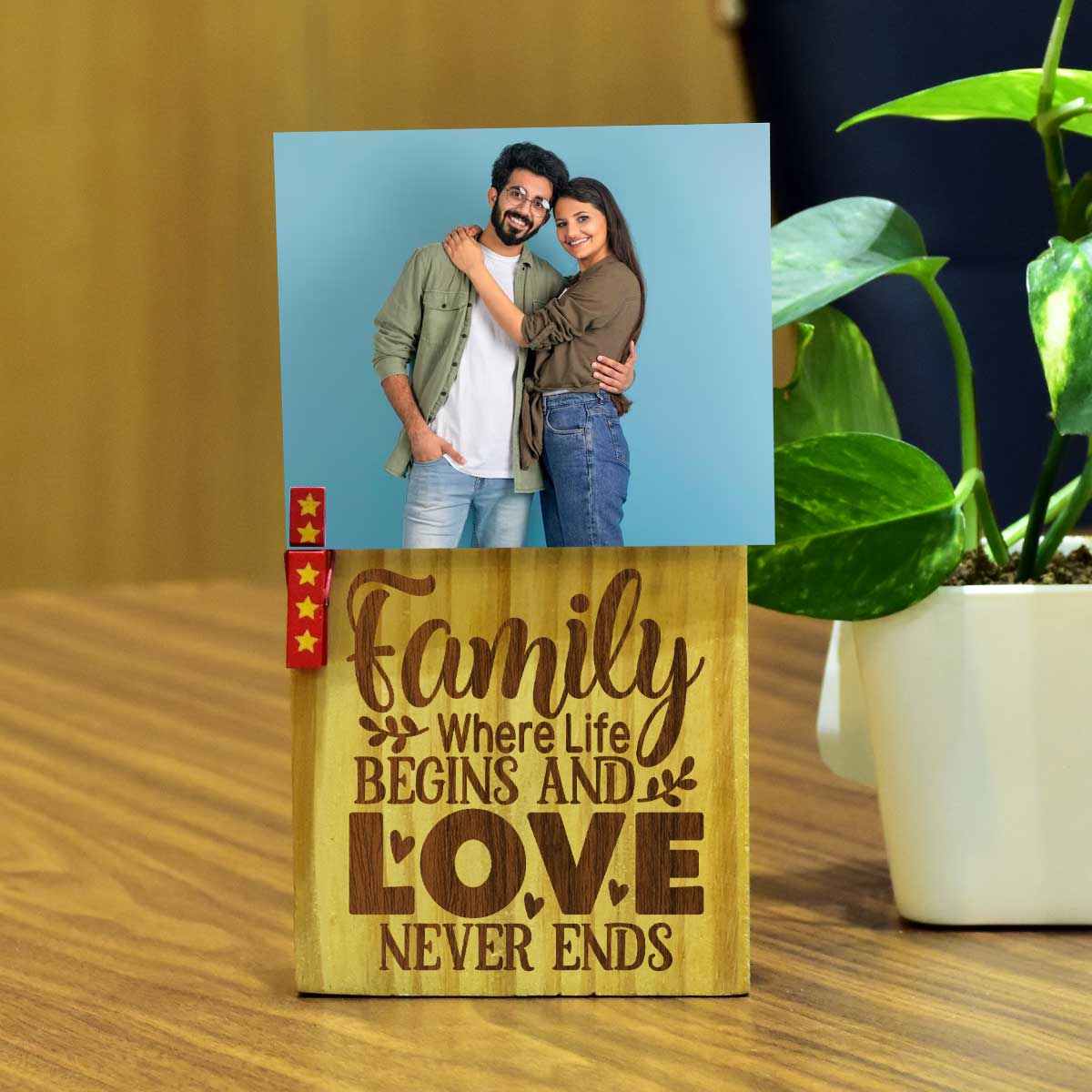 Personalized Family Where Life Begins Engraved Wooden Block With Photo For Couple