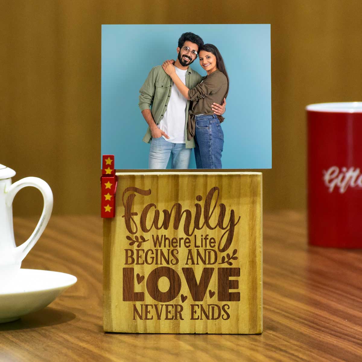 Personalized Family Where Life Begins Engraved Wooden Block With Photo For Couple