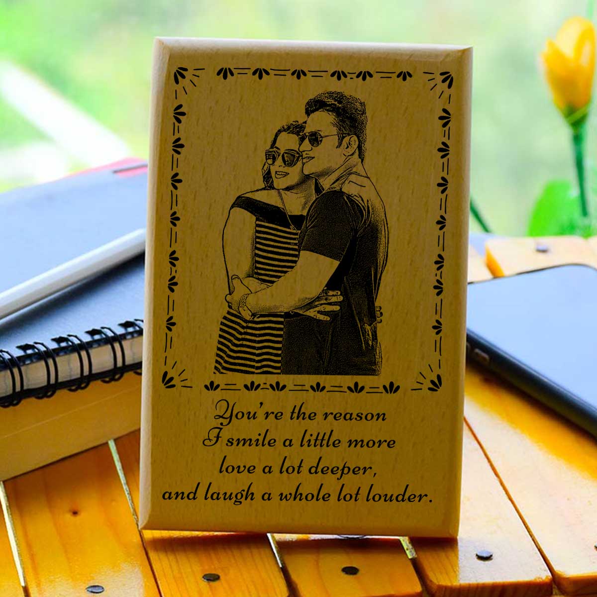 Personalized Smile, Love & Laugh Engraved Wooden Photo Frame Gift for Couple