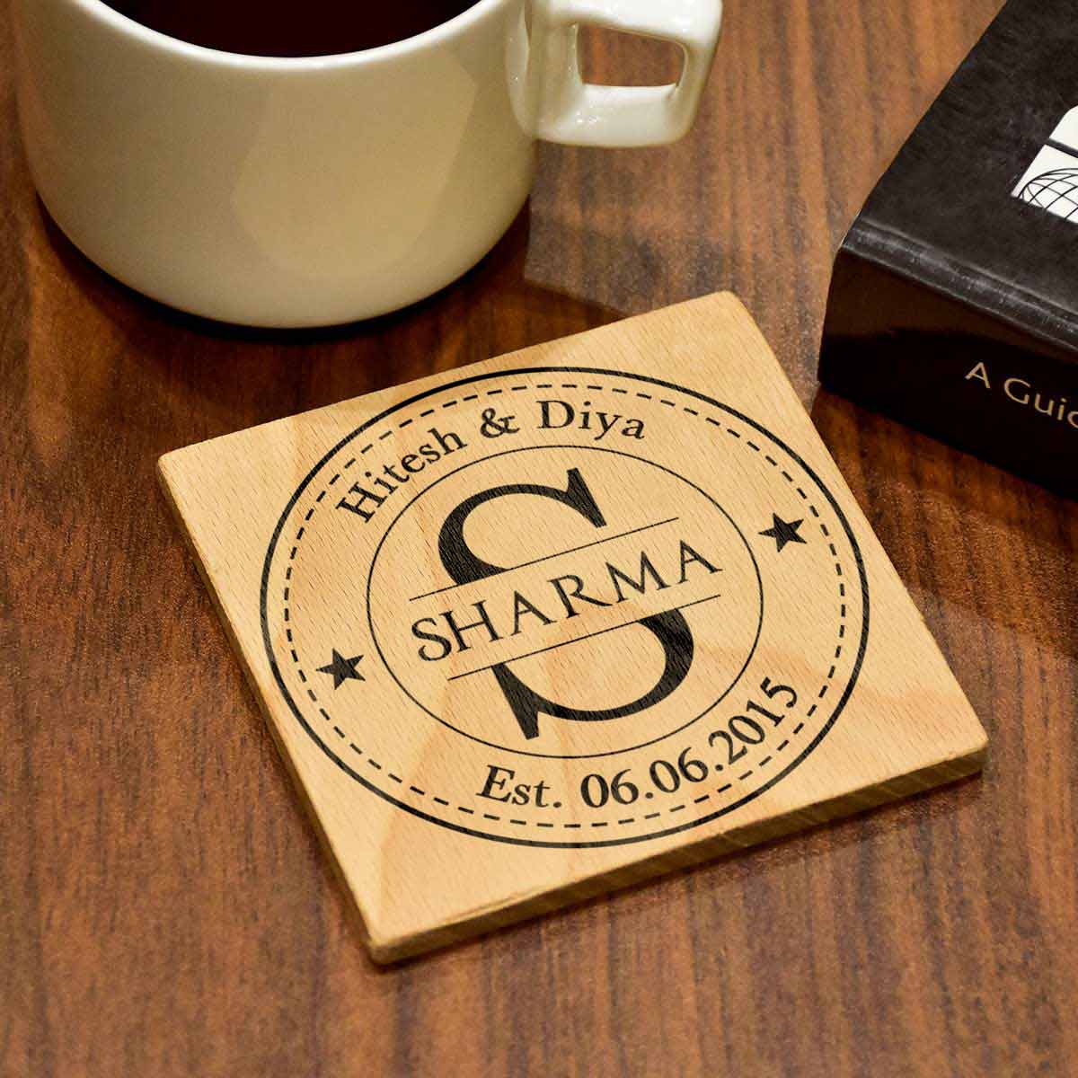 Name Personalised Set of 4 Engraved Wooden Coasters