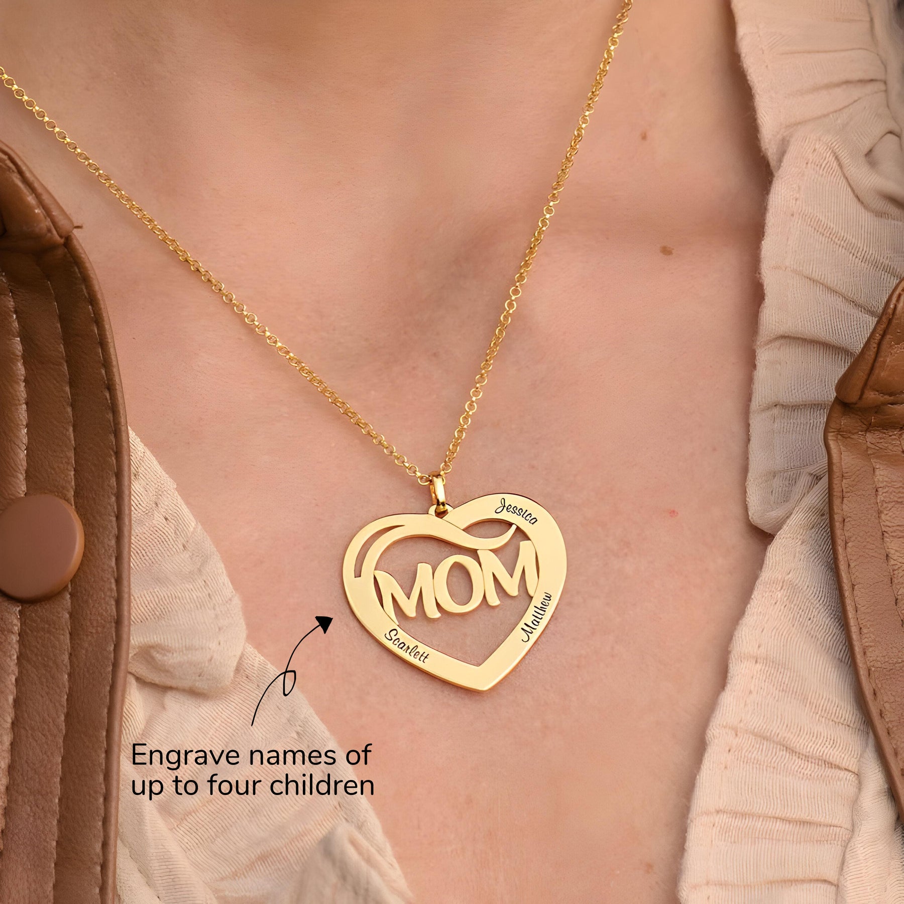 Personalised Engraved Heart Mom & Kids Name Pendant